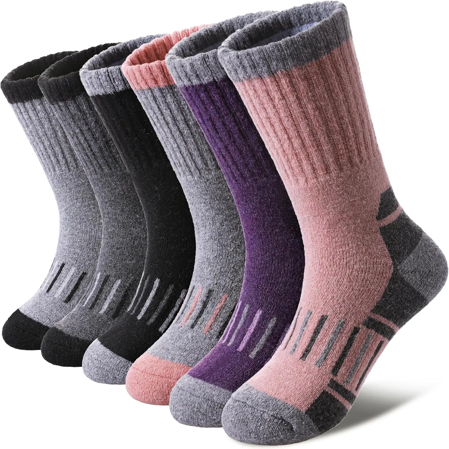 Kids' 6-Pair Merino Blend Crew Socks for Boys & Girls, Thick Thermal & Patterned with Cushioned Arch Support for Skiing, a Perfect Sporty Birthday Gift, Daughter, Sleeping, Hiking Socks, Graphic, Wool Socks