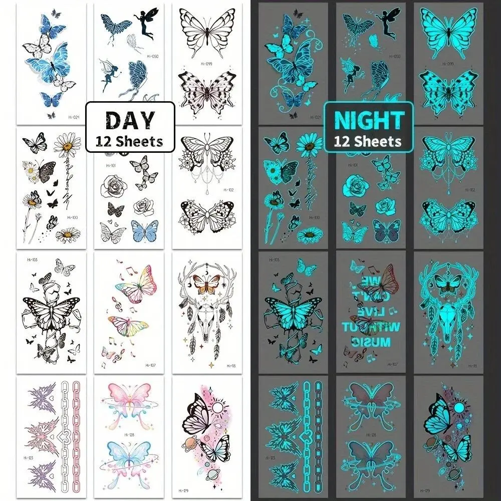 Glow In The Dark Flower Temporary Tattoos for Women, 12 Sheets Blue Luminous Butterfly Butterflies Wings Fake Art Makeup Tattoo Waterproof Stickers for Face Body Arm Party Favors