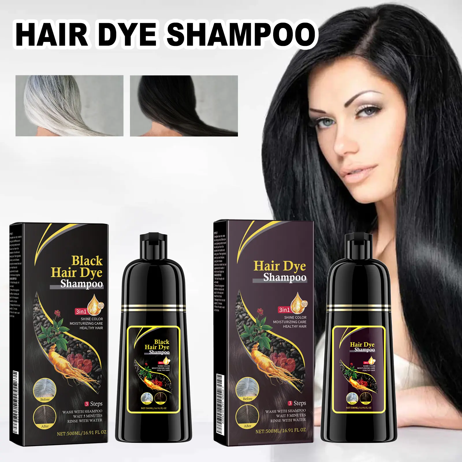 3-in-1 Hair Dye Shampoo with Ginseng Extract, Herbal Haircare Formula to Cover Gray Hair and Restore Shine, Natural Black, Hair Care Products, Color Depositing Shampoo
