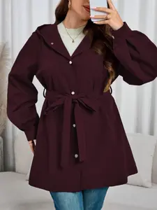 Women's Plus Size Windbreaker Coat Jackets Outerwear, Long Sleeve Hooded Button Front Waist Belt Design, Elegant Casual Fashion Style, Comfortable Daily Wear Womenswear