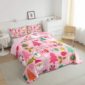 Pink Christmas Comforter Set,Cartoon Santa Claus Bedding Set for Boys Girls Women Snowman Pine Duvet Sets, Christmas Tree Cute Deer Down Comforter