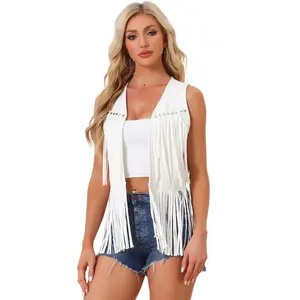 INSPIRE CHIC Women's 70s Western Open Front Faux Suede Fringe Vest Medium White