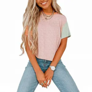 Asvivid Women's Short Sleeve Crewneck T-Shirt - Ribbed Texture, Colorblock Patchwork, Drop Shoulder, Twisted Threaded Casual Top for Daily Wear