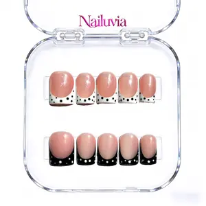 （C038) 10Pcs 1.3Inch Acrylic Press On Nails - Style C038 Black White Polka Dot French Fake Nails, Reusable Long Coffin Nail Tips