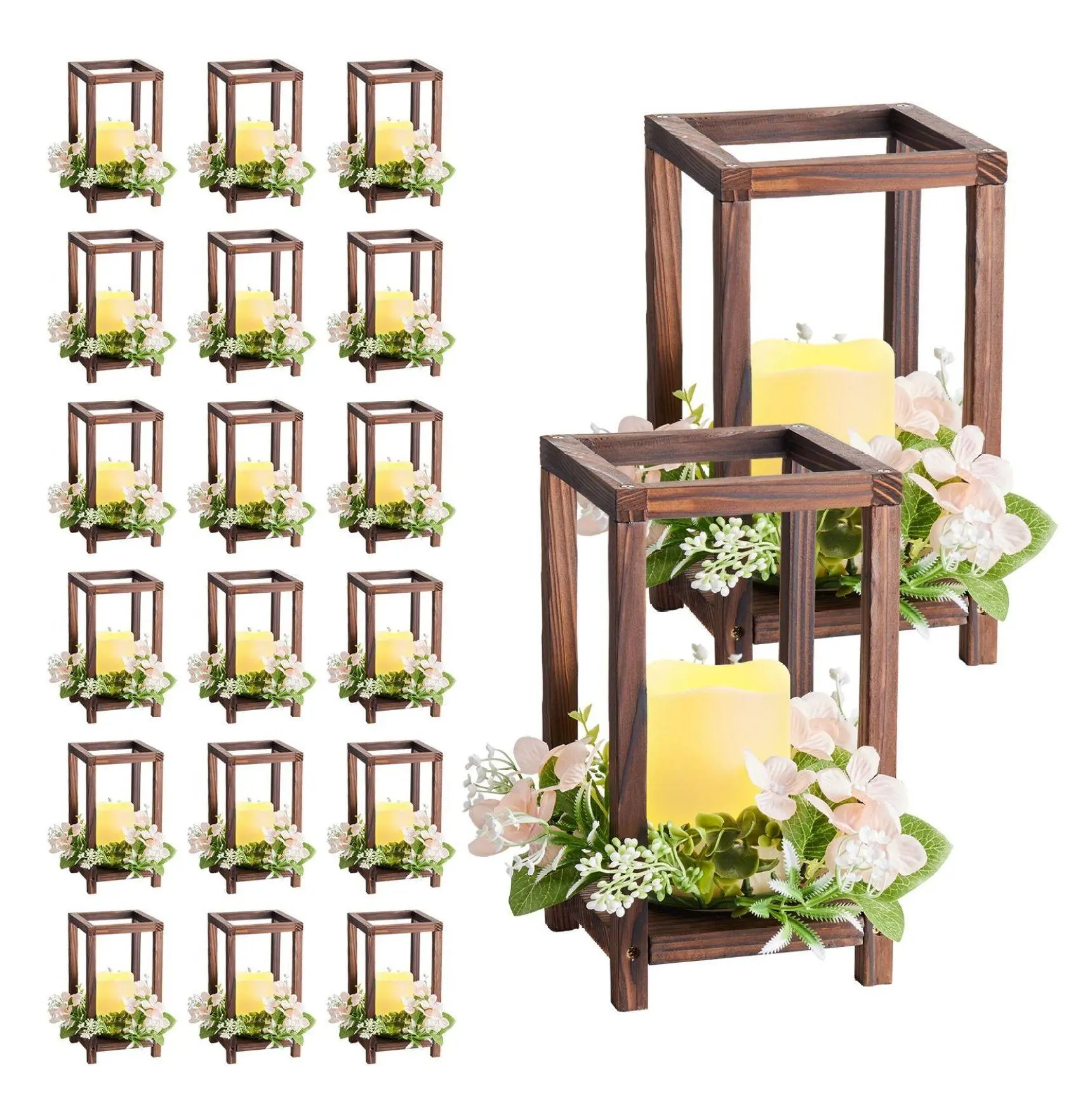 Wooden Wedding Lantern Centerpiece - 20 Set/60 Pcs - Farmhouse Decor Brown