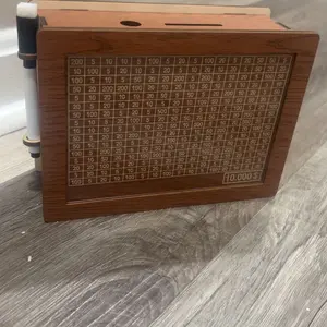 $10000 Larger Size Savings Challenge Box - Cash Vault Wooden Money Savings Box for Adults Kids - Kakeibo Money Bank - Wooden Cash Coin Piggy Bank with Counter and Dry Erase Pen - Brown