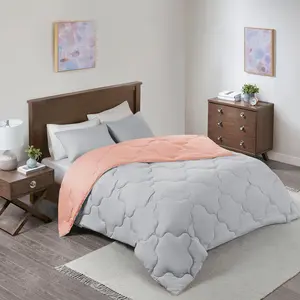 Reversible Comforter Set - Trendy Casual Geometric Quilted Cover All Season Down Alternative Cozy Bedding Matching Sham in Soft Pink and Gray Microfiber Fabric