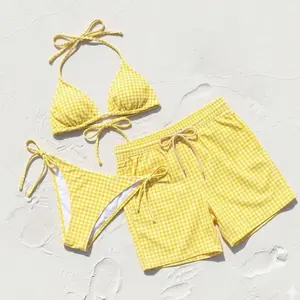 [MATCHING SWIMWEAR SET - EXTREMELY HOT] A checkered swimsuit set, including a yellow striped bikini and swim bottoms, a memorable gift for your vacation.