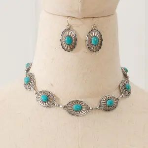 European and American Bohemian Western Style Three-piece Set of Women's Retro Fashion Turquoise Necklace and Earrings