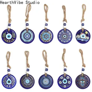 Lucky Eye Glass Blue Turkish Evil Eye Pendant Wall Hanging Flower Pattern Rope Chain Keychain Car keyring for Women Men Jewelry