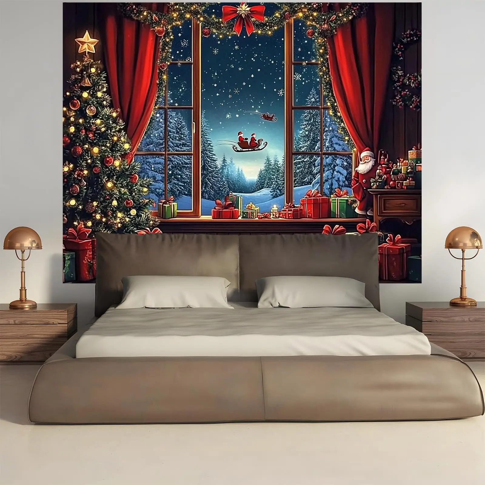 Cozy Reusable Polyester Christmas Festive Backdrop Banner - Santa Claus, Snowman, Moonlit Forest, Red Curtains, Christmas Tree Designs, Wall Decor, Wedding Party Backdrop, Happy Birthday Decoration, No Electricity Needed