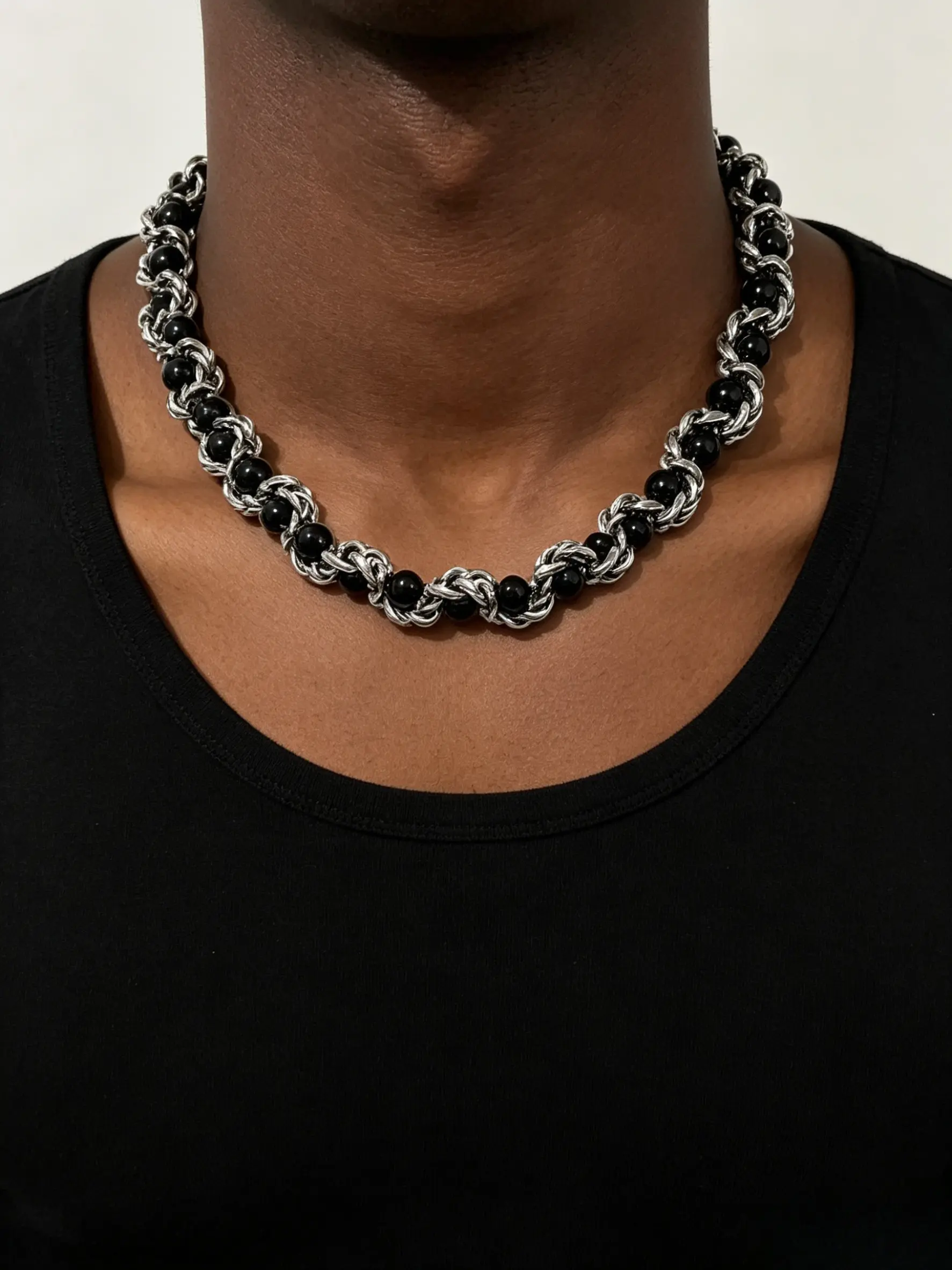 Street Style Bead Twist Chain Chunky Necklace, Silver Color Hip Hop Cold Tone Couple Clavicle Chain, Fashion Jewelry for Men and Women