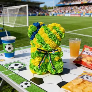 Brazil Rose Teddy Bear Handmade Transparent Box Flowers, Ideal Gift for World Cup, Copa America, Graduation, Soccer Lovers