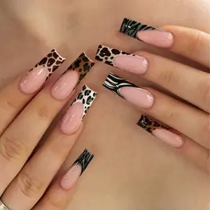 24pcs Long Square Press-On Nails, Leopard Print French Tip False Nails, Reusable Wearable Nail Art Kit, Glossy Finish, Single Item Pack