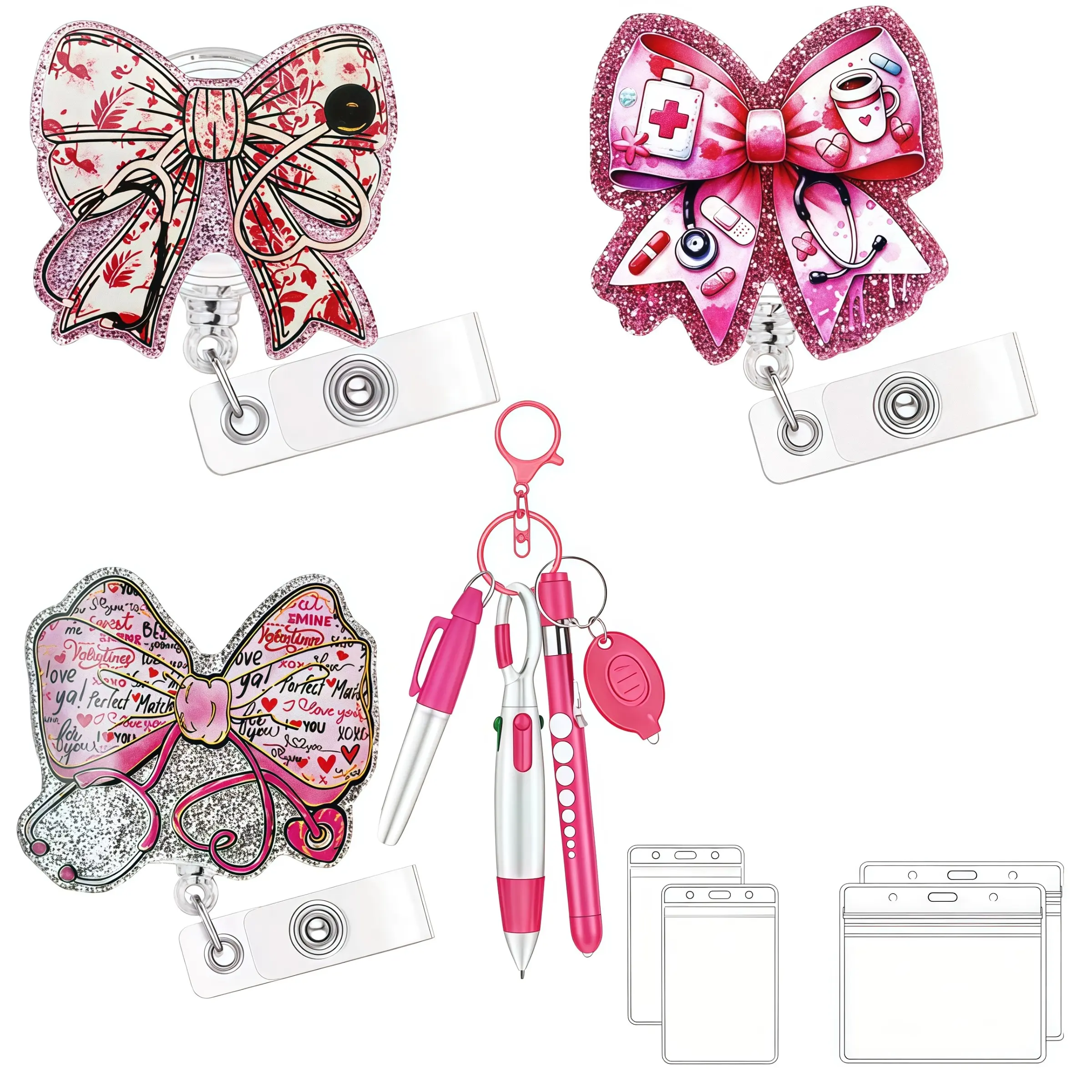 Bow Brooch Clip, Stethoscope Design Badge Holder, Adjustable, Includes Waterproof Card Case, Permanent Pen & Marker, Fashion Gift for Nurses