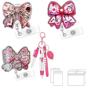 Bow Brooch Clip, Stethoscope Design Badge Holder, Adjustable, Includes Waterproof Card Case, Permanent Pen & Marker, Fashion Gift for Nurses
