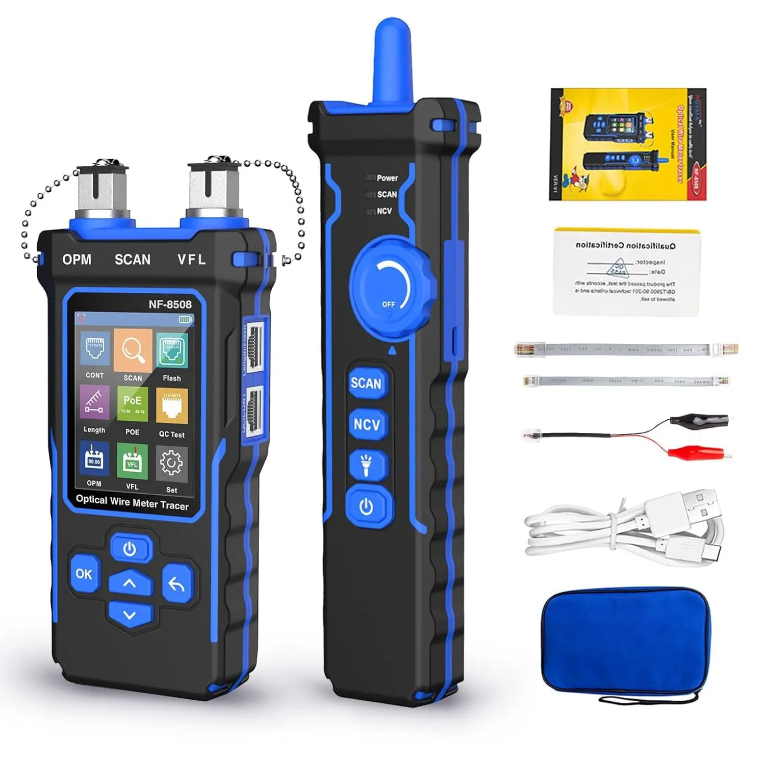NOYAFA NF-8508 Multi-Function Cable Testing Tool - Network Tester with Optical Power Meter, VFL, PoE QC Test, Wire Tracer, 200M Length Test, Port Flashing for CAT5, CAT6, RJ45 Ethernet, Fiber Optics Cables