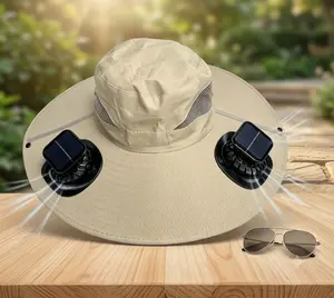 Dual Solar Fan Wide Brim Sun Hat, UV Protection Cooling Bucket Hat with Solar Powered Fans, Breathable Mesh Fishing Hat for Men Women, Outdoor Cooling Hat for Gardening Camping Beach Hiking Summer Sun Protection Hat