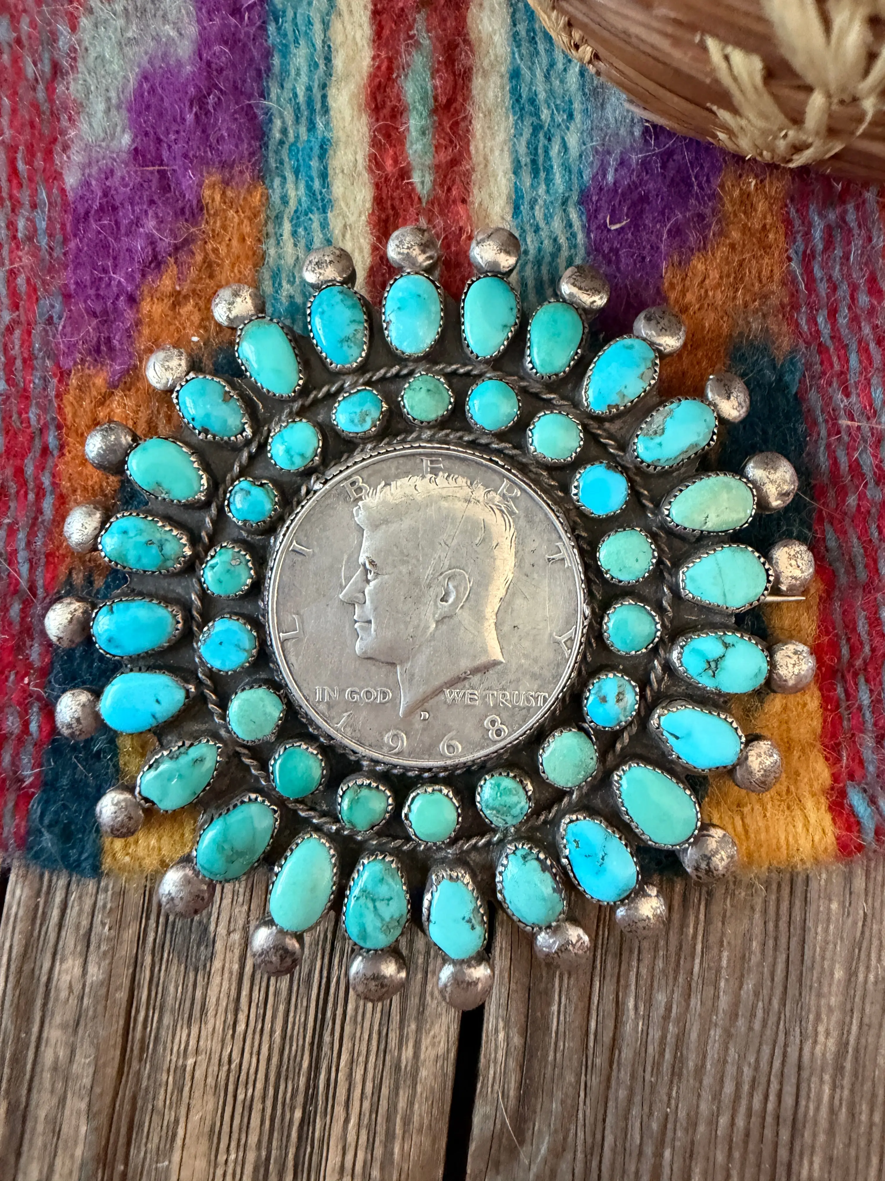Old Pawn Handcrafted Turquoise and Sterling Silver Liberty Coin Cluster Brooch