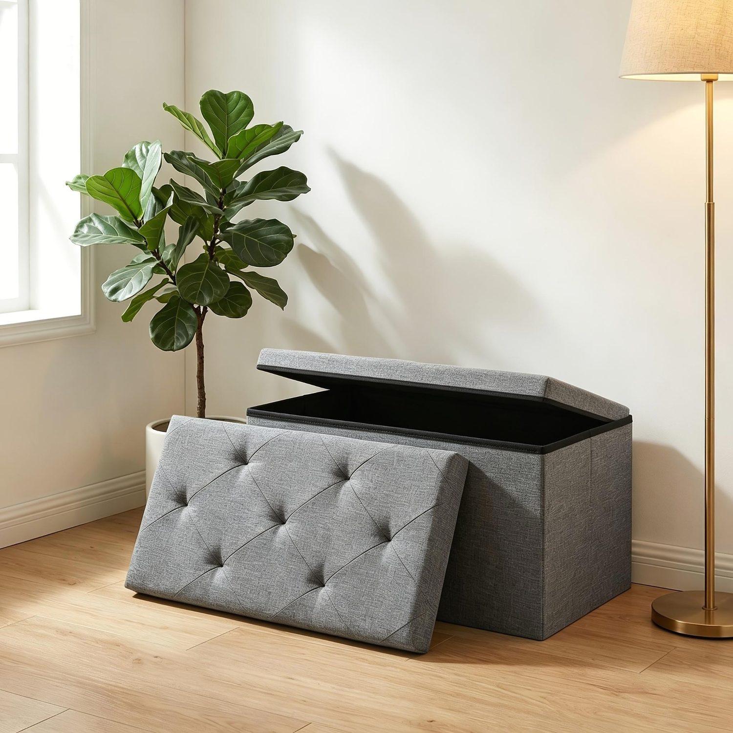 Heavy-Duty Multi-Functional Folding Storage Ottoman Storage Bench with Cushion | Indoor & Outdoor Dual Use, Space-Saving Design, Water-Resistant & Easy-to-Clean Surface - Ideal for Living Room, Bedroom, Patio, Garden Tool Storage - Grey Storage Bench