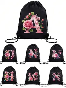 Letter Design Backpack, Rose & Butterfly Print, Adjustable Drawstring, Personalized Initials, All-Season Casual Bag