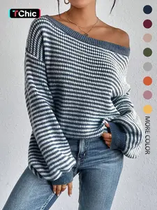 Women's Striped Drop-Shoulder Sweater, Casual Bishop Sleeve Boat Neck Jumper for Daily Outdoor Wear, Ladies Knitwear for All Seasons, Womenswear, Tops