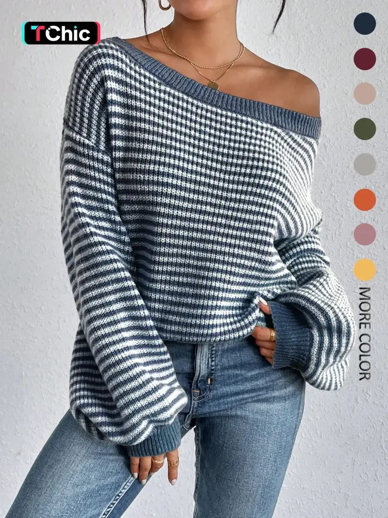Women's Striped Drop-Shoulder Sweater, Casual Bishop Sleeve Boat Neck Jumper for Daily Outdoor Wear, Ladies Knitwear for All Seasons, Womenswear, Tops, Knitted Sweater