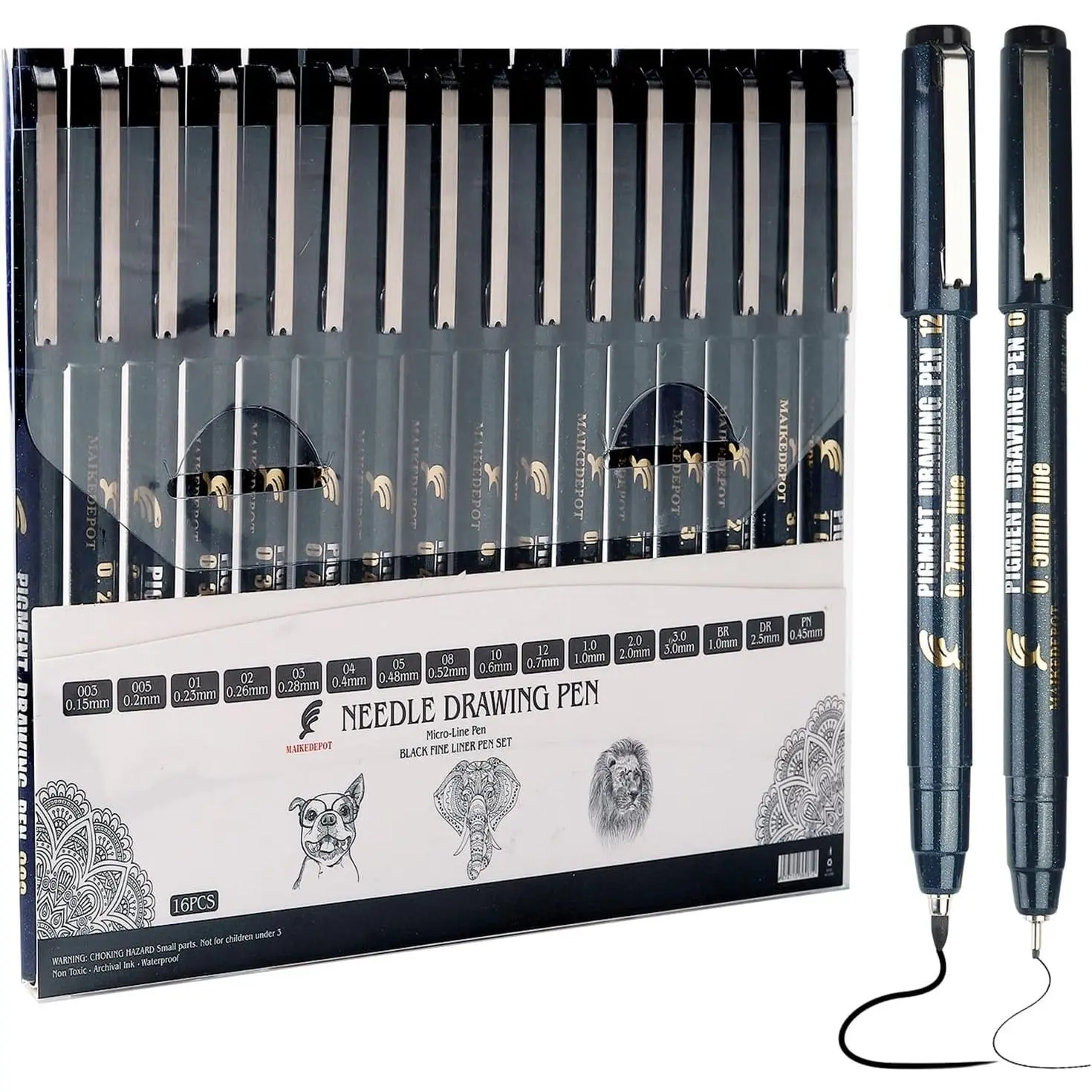 16 Pack Micro Fineliner Drawing Pens - Waterproof Black Ink, Assorted Tip Sizes for Sketching, Manga, Anime, Comic, Art Writing, Journaling & Architectural Design