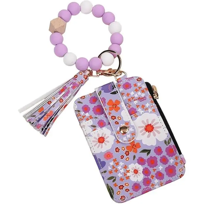 Veliora Gift B Wristlet Keychain Wallet Beaded Card Holder Floral Wallet Gift for Women | Beaded wristlet with floral card holder and tassel details for organizing cards keys and daily essentials