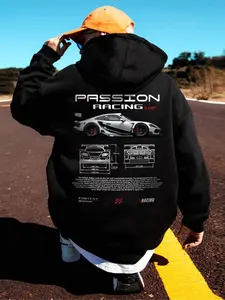 Men's 'Passion Racing' Supercar Blueprint Hoodie | Oversized Fit, Technical Car Print | Trendy Motorsport Streetwear Essential | Perfect for Car Enthusiasts & Urban Style Enthusiasts | Fashion Sweatshirts Casual