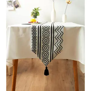 Black and White Table Runner Boho Table Runner with Tassels for Bohemian Wedding Striped Pattern-Bohemian Farmhouse Home Decoration, 13 x 71 Inch