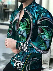 Men's breathable collared long-sleeve fishing bass print cardigan Casual Fashion Shirt