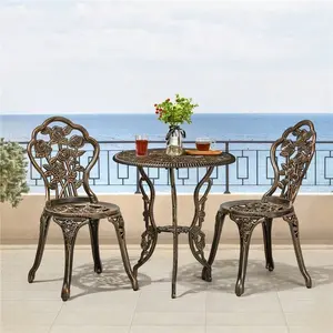 3 Piece Vintage Bistro Table Set, Outdoor Metal Dining Set with Umbrella Hole, Round Table and 2 Armless Backrest Chairs, Antique Aluminum Patio Furniture in Bronze for Backyard Pool Balcony Cafe Decor