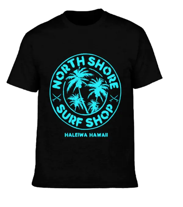 North Shore Surf Shop Haleiwa Hawaii Vintage Distressed Cyan Circle Badge Coconut Tree Cross Surfboard Tropical Surfer Graphic T-Shirt, Men Women Unisex Soft Crew Neck Beach Vacation Cotton Tee