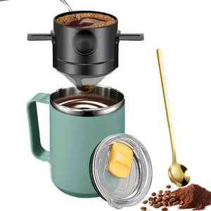 Camping Pour Over Coffee Maker Set of 2 - Include 450ml/15oz Stainless Steel Coffee Mug & Collapsible Pour Over Coffee Filter, Pour Over Camping Coffee Dripper with Coffee Spoon, Handheld Percolator Coffee Cup for Travel, Camping, Backpacking