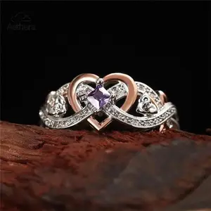 2026 New Arrival Delicate Purple Sapphire Heart Ring Women's Two-Tone Anniversary Engagement Wedding Jewelry Perfect for Christmas TikTok Shop