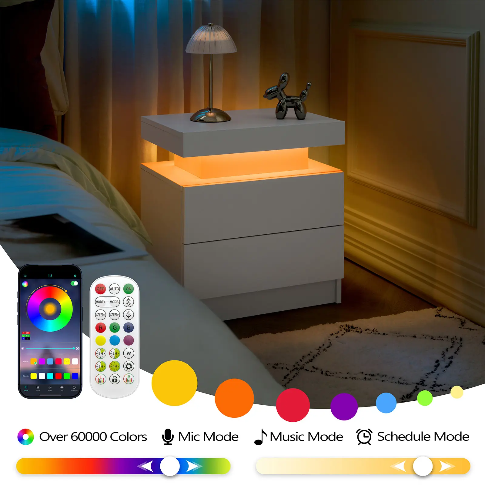 CHAIRUS Modern  Minimalist Nightstand with LED Lights & 2 Drawers Smart Bedside End Table with Ample Storage Cabinet Stylish Side Table for Bedroom Decor