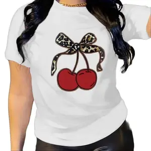 Women'S Cherry Bow Print T-Shirt Casual Crew Neck Tops Unisex Vintage Graphic T-Shirt For Summer Streetwear Summer OutfitsFashion 	 Unisex T-Shirts