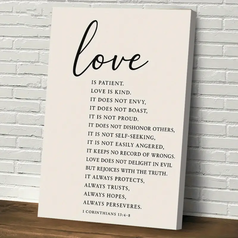 1pc Wood Framed Canvas Print - Religious Text "Love Is Patient, Love Is Kind" with Animal, Nature Elements - Home Decor for Rooms, Walls - Suitable for Office, Church