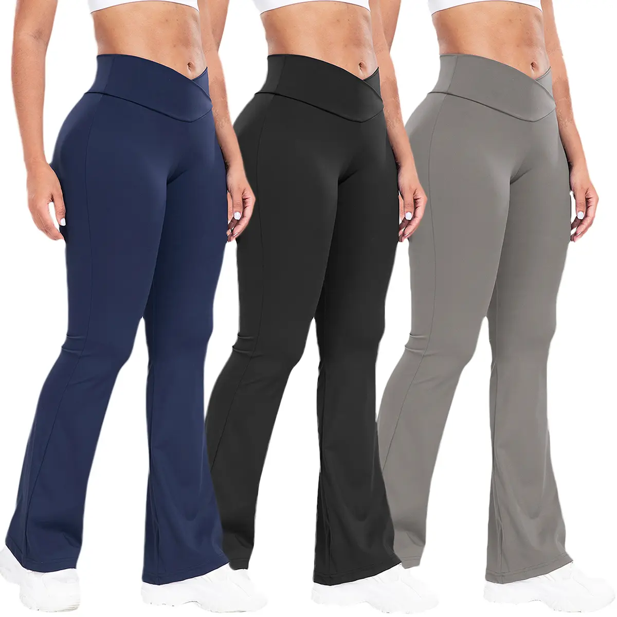 Women's Solid Flared Yoga Pants with High Waist Tummy Control, Casual Stretchy Nylon Knitting Fabric Bottoms, Sizes S, M, L