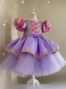 Baby Girl's Colorblock Bow Decor Contrast Mesh Fit & Flare Princess Seraphina Dress, Elegant Puff Sleeve Round Neck Tiered Layer Dress for Party, Toddler Girls Dress for All Seasons, Baby Clothes Girl