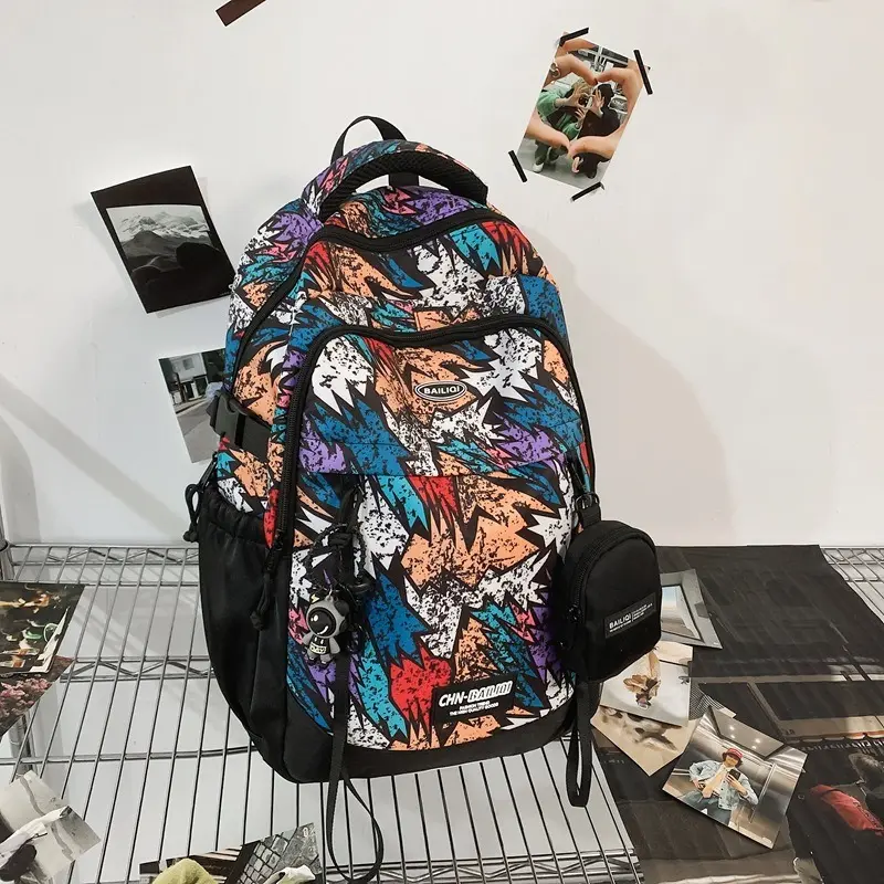Urban Techwear Backpack with Detachable Mini Pouch & Astronaut Charm | Adjustable Buckle Strap Daypack in Solid Colors & Newspaper Print | Lightweight Travel Rucksack for Daily Commute