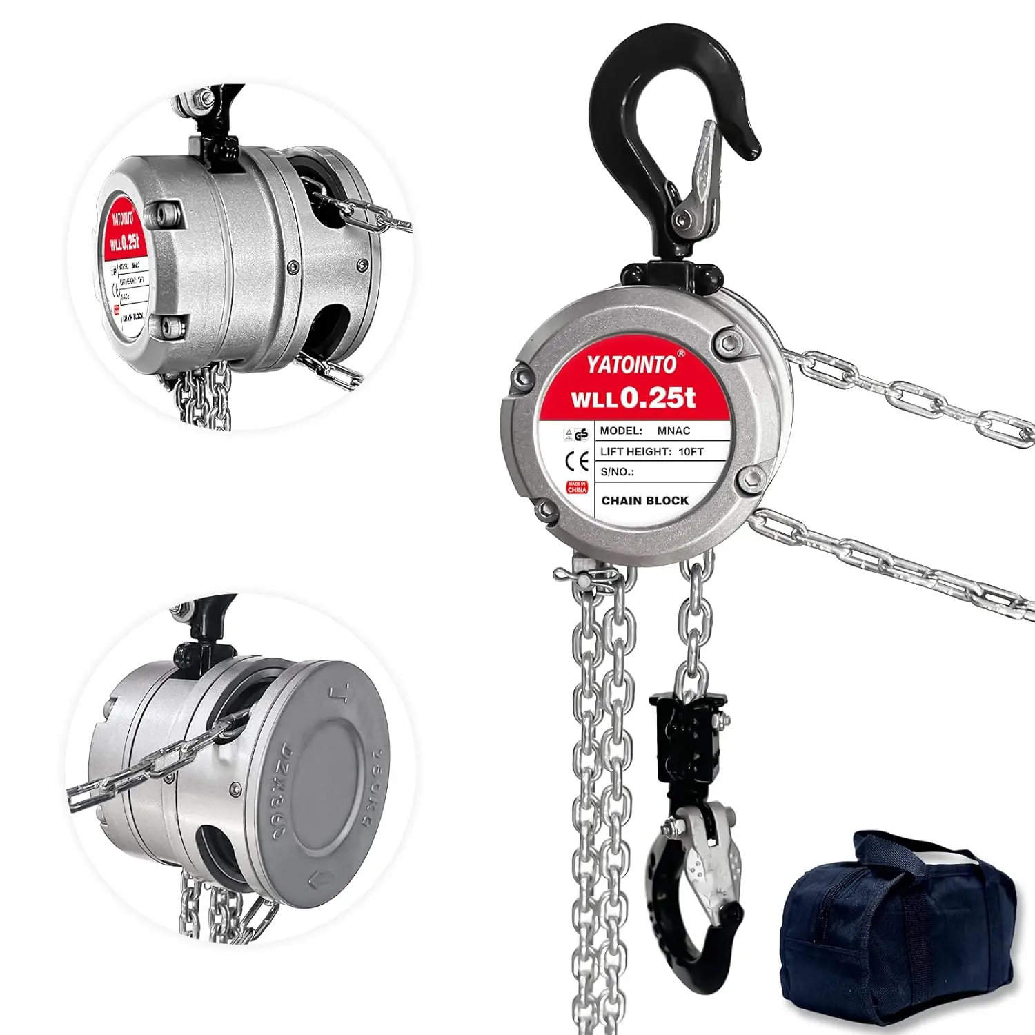 Aluminum Hand Chain Hoist-1/4 Ton(550Lbs) Capacity Manual Chain Fall Hoist |Chain Block 10FT Lifting Height with 2 Heavy Duty Hooks|Industrial Steel Structure for Mechanical（360° Rotatable）