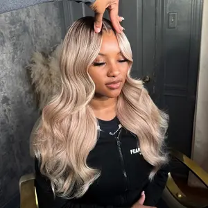 Ombre Ash Blonde Milk Tea Body Wave Lace Frontal Human Hair Wigs 13X6 HD Transparent Pre plucked Natural Hair Line Colored Straight Lace Front Wig For Woman