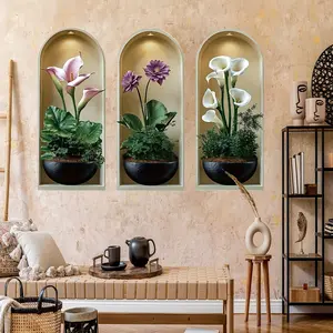 3pcs realistic effect, arched niche black flower pot and calla lily flower wall sticker, modern minimalist decorative sticker, self-adhesive and reusable, for living room, bedroom, study, bathroom, background wall decoration, Household Decoration Supplies