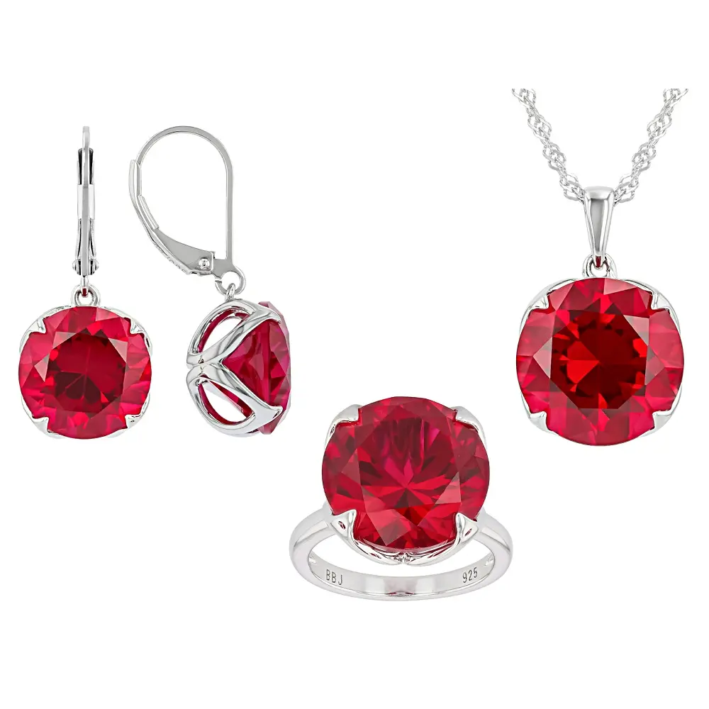 JTV Lab-Created Red Ruby Gemstone Gift Set - Rhodium-Plated Silver Ring, Earrings, Round Cut Pendant with Chain - 41.00ctw
