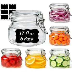 6 Pack 17 oz Glass Jars with Lid, Food Grade Glass Food Storage Containers with Labels Square Glass Food Storage Jars with Airtight lids, Air tight Jars for Pantry Storage & Pickling