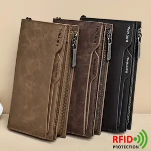 New Men's Wallet, Top Layer Cowhide Genuine Leather Clutch with Zipper & Wrist Strap, 26 Card Slots Large Capacity, Ideal Father's Day Gift for Men
