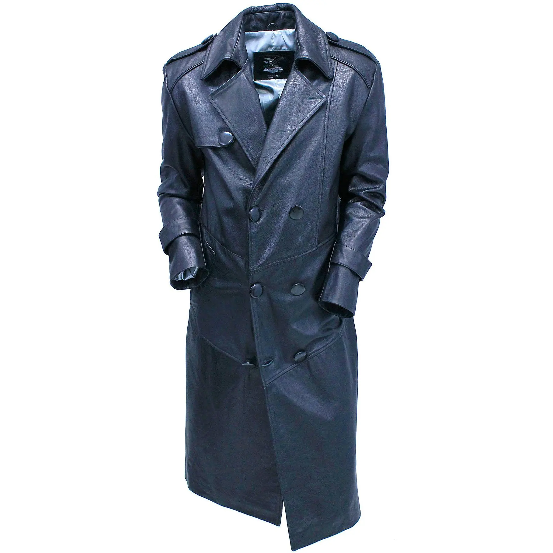 Jamin Leather® Men's Double Breasted Leather Trench Coat in Premium Black Cowhide M2202K - Long Sleeve, Large Notched Collar, Oversized Buttons, Two Front Pockets, Adjustable Back Belt