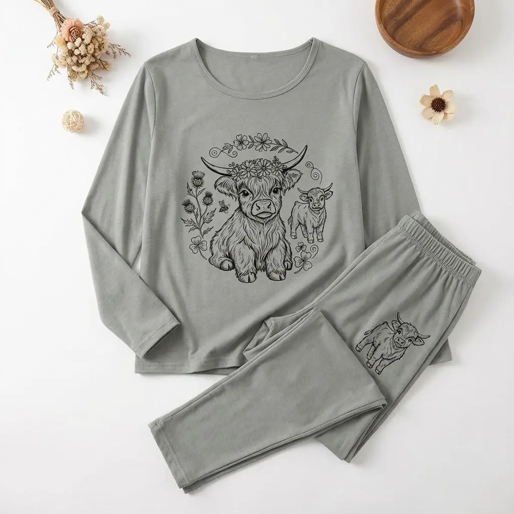 Women's 2-Piece Long-Sleeve Casual Pajama Set - All-Seasons Home Wear, Cute Animal Print (Highland Cow, Owl, Dachshund) Loungewear, Multiple Lengths, Soft Stretchy Elastane Skin-Friendly Fabric, Machine Washable, Ideal for Relaxation & Sleep, Knitting, Ca